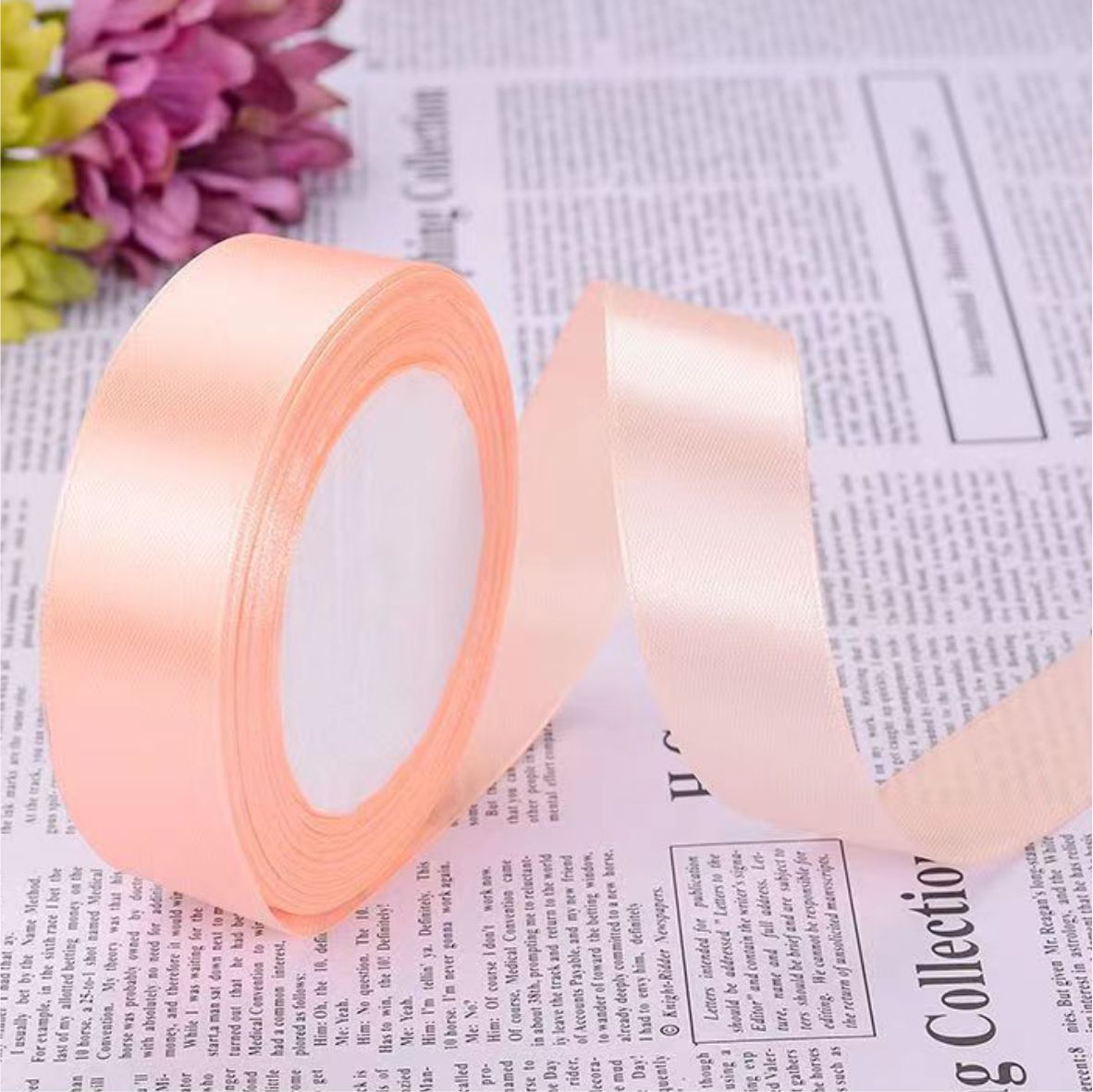 Лента атласная, 25 мм × 23 ± 1 м, цвет шампанское розовое 07#