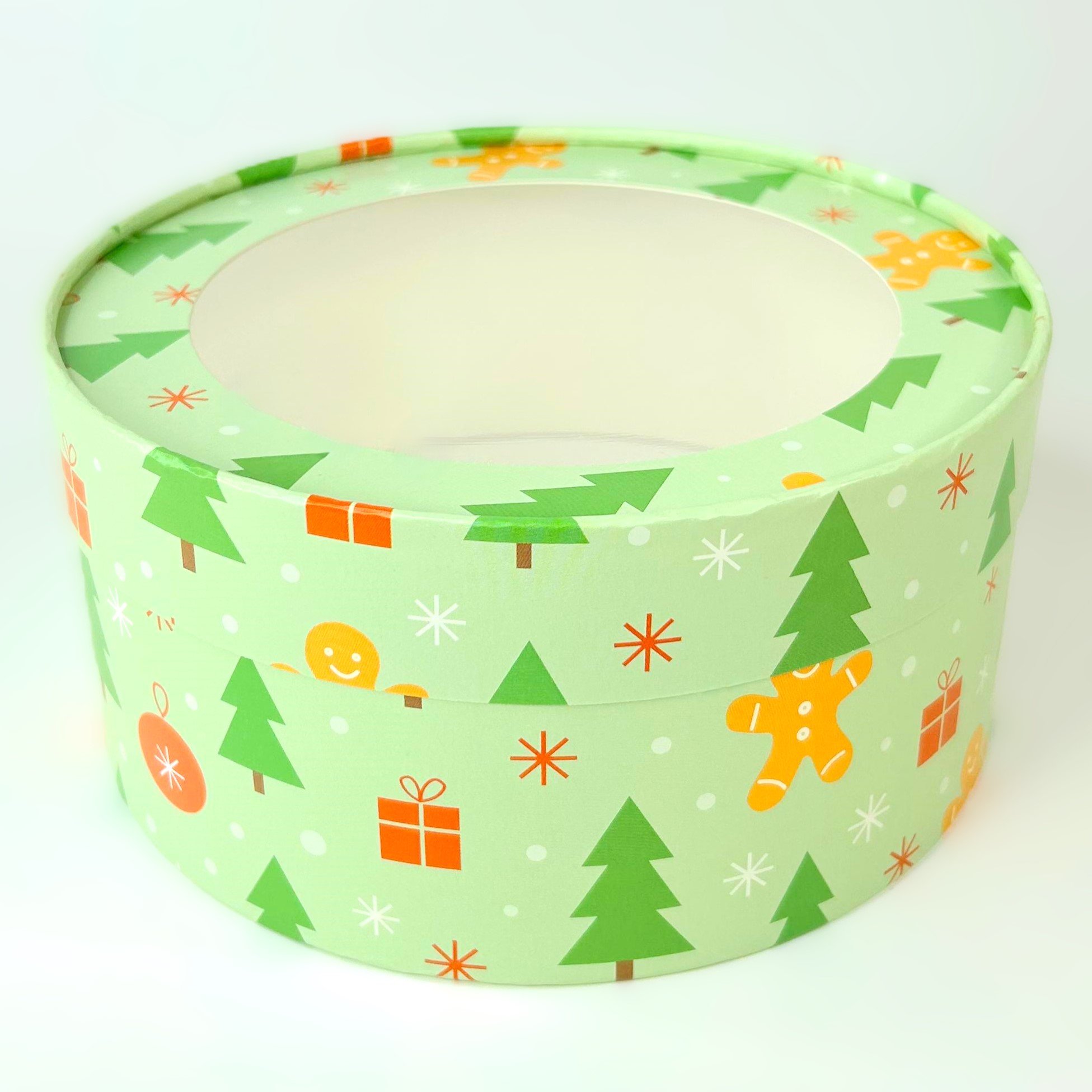 Коробка Д-160мм В-70мм под зефир, печенье и макароны круглая с окном, НГ ПРЯНИКИ