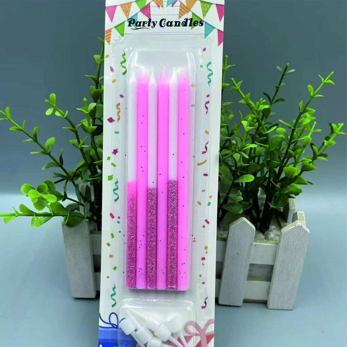 Свечи для торта, цвет розовый с блестками 6шт