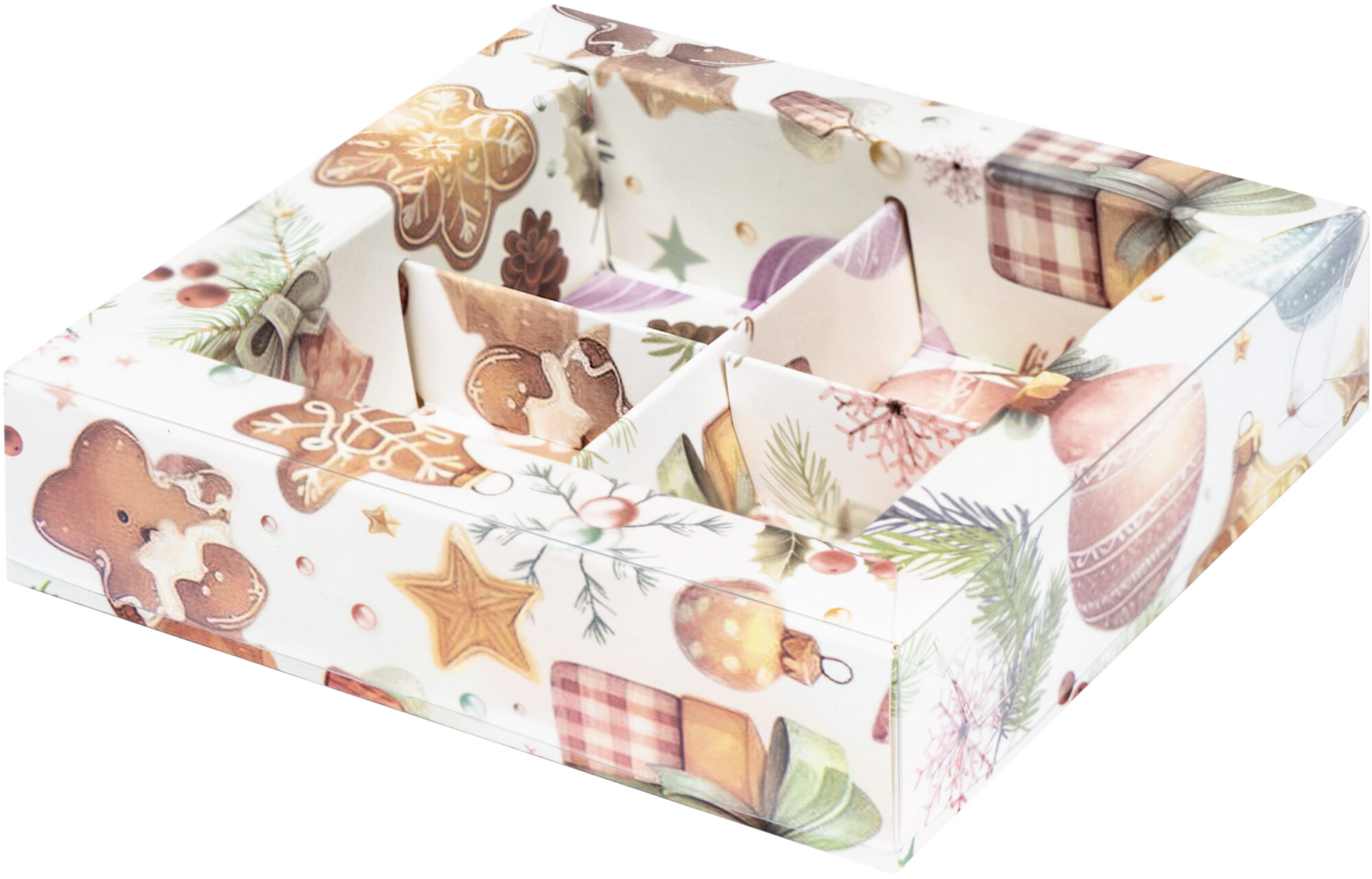 Коробка для конфет с пластиковой  крышкой 120*120*30 мм (4)  (елочные игрушки)