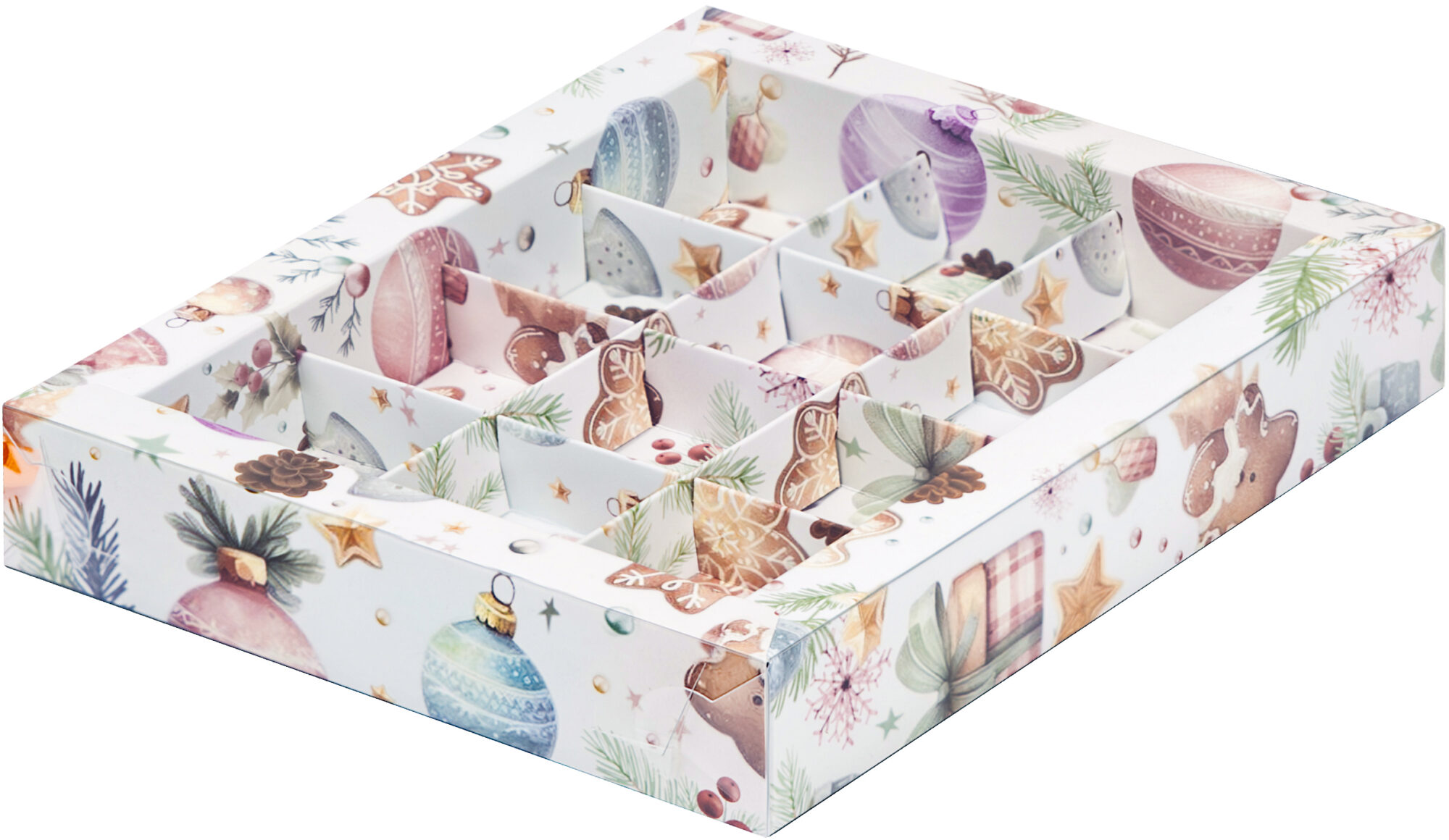 Коробка для конфет с пластиковой  крышкой 190*150*30 мм (12)  (елочные игрушки)