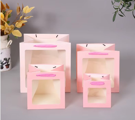 Пакет картонный Розовый 20х20х20см, с окном 1шт