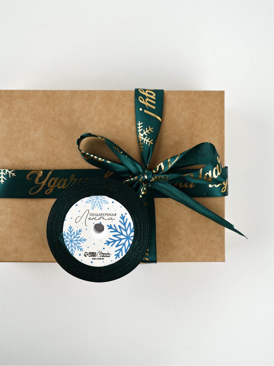 Лента атласная с тиснением «Удачи в Новом году!», 25 мм, 23±1 м, зелёная