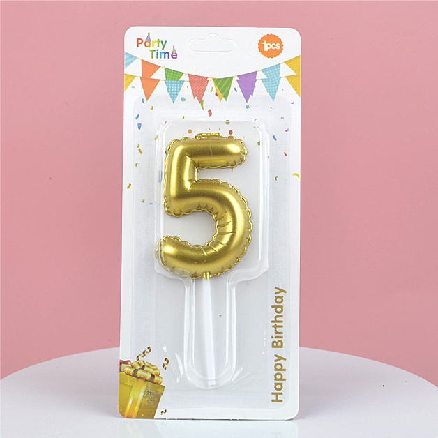 Свеча для торта Цифра-5, воздушный шарик, Золотая 5,8см
