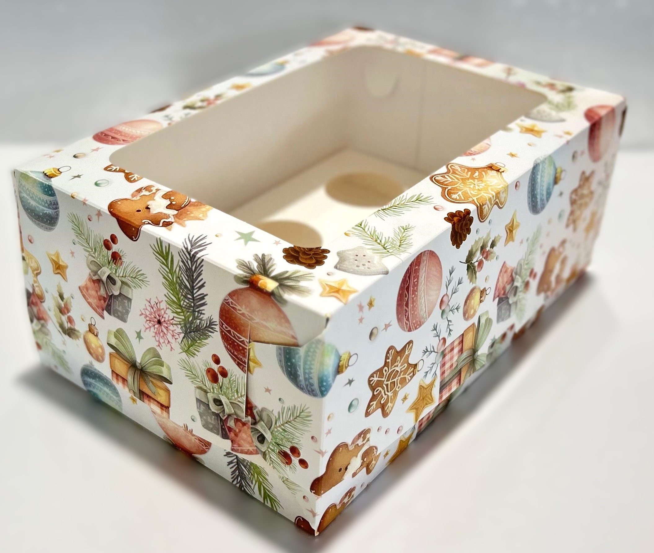 Коробка 235*160*100 мм (6) под капкейки с прямоугольным окошком  (елочные игрушки)