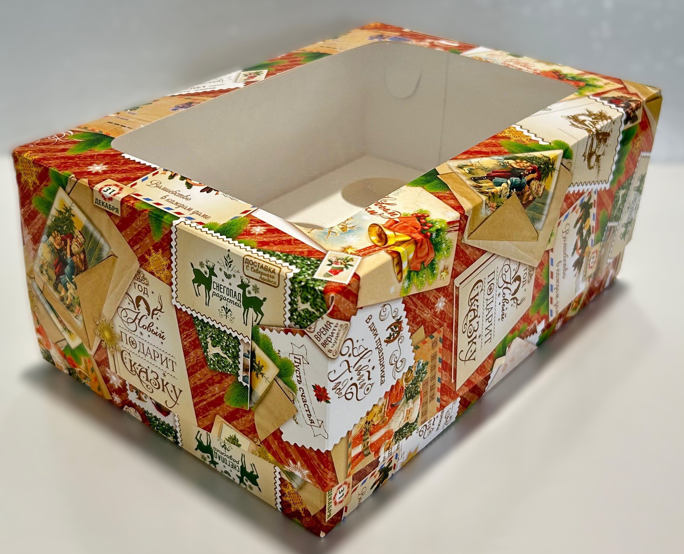Коробка 235*160*100 мм (6) под капкейки с прямоугольным окошком (новогодние открытки)