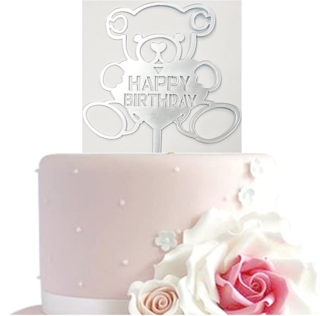 Топпер Серебро для торта акриловый 10х15см мишка