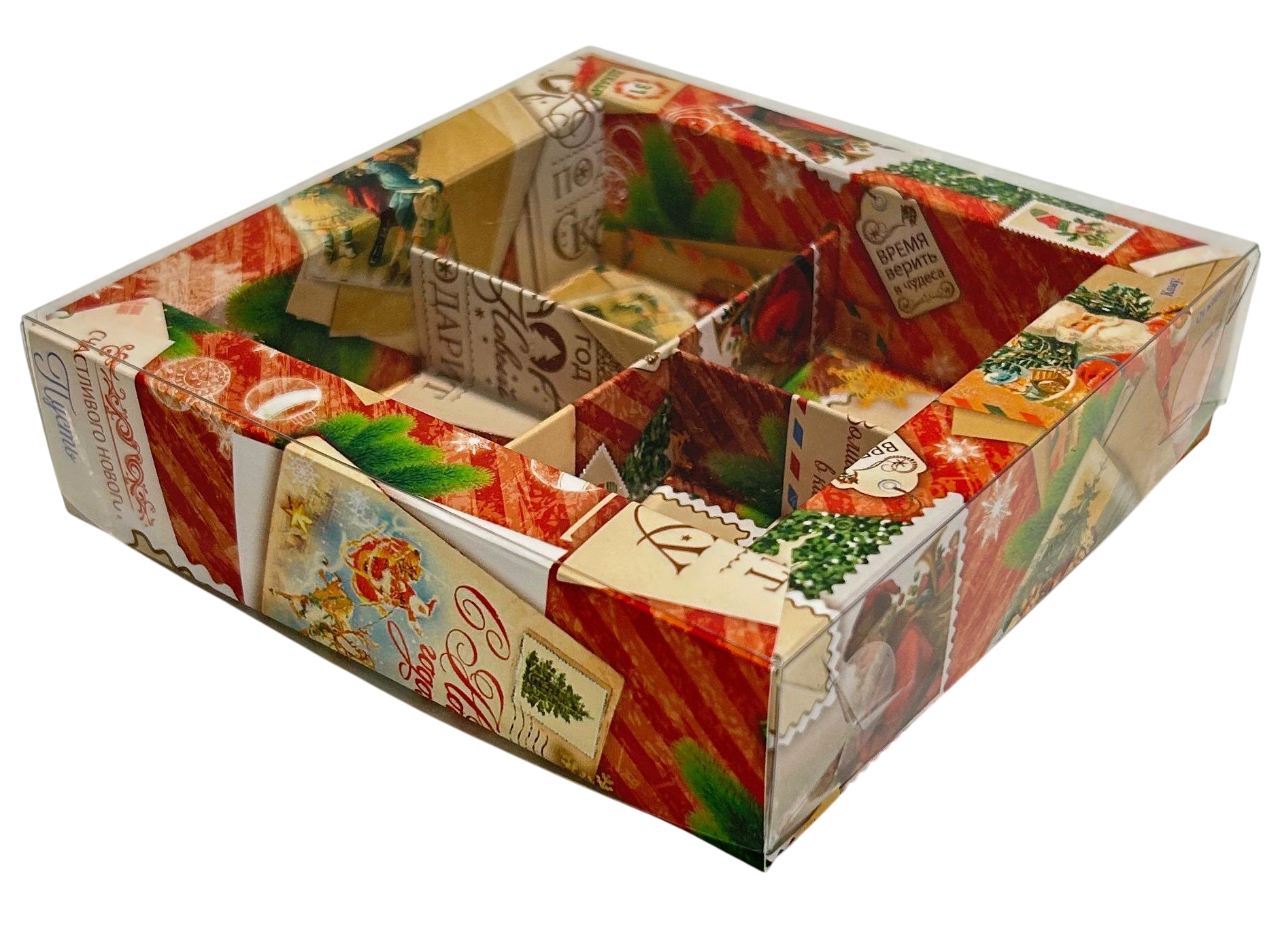 Коробка 120*120*30 мм (4) для конфет с пластиковой крышкой (новогодние открытки)