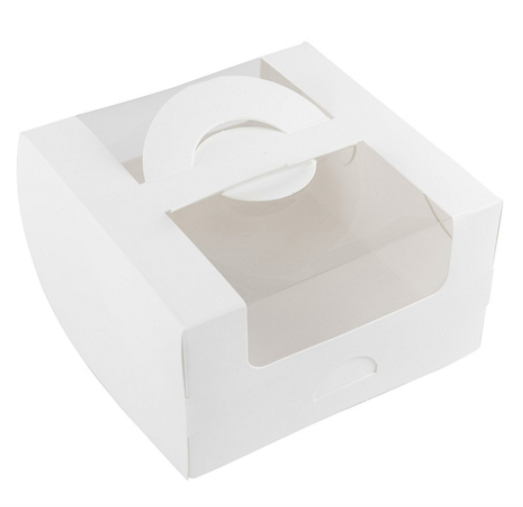 Коробка для бенто-торта с ручкой и  окном 140*140*80 мм (белая)