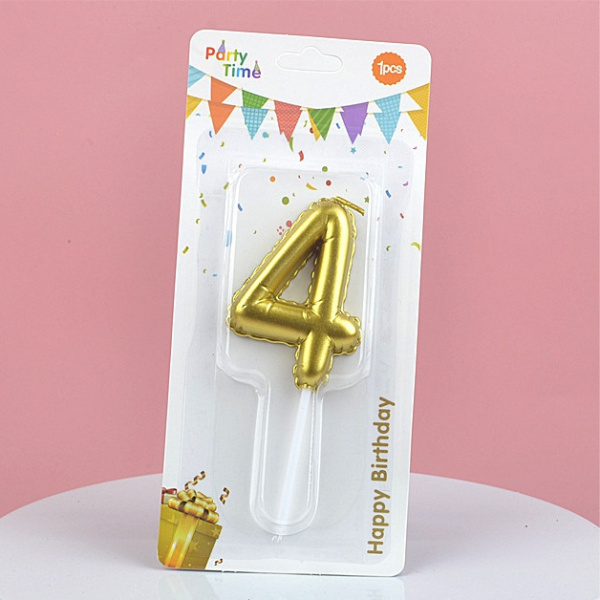 Свеча для торта Цифра-4, воздушный шарик, Золотая 5,8см