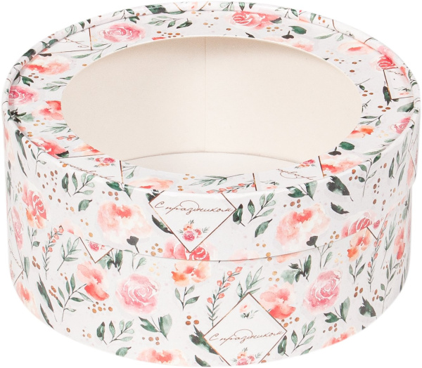 Коробка Д-200мм В-70мм под зефир, печенье и макароны круглая с окном Розы