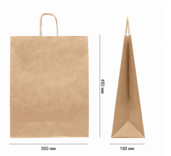 Пакет крафт 35х15х45см, с кручеными ручками и прямоугольным дном