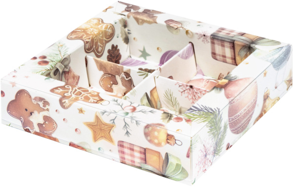 Коробка для конфет с пластиковой  крышкой 120*120*30 мм (4)  (елочные игрушки)