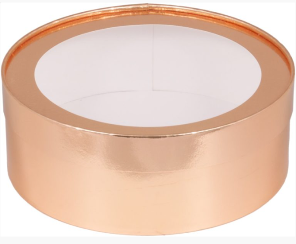 Коробка Д-200мм В-70мм под зефир, печенье и макароны круглая с окном Золотая