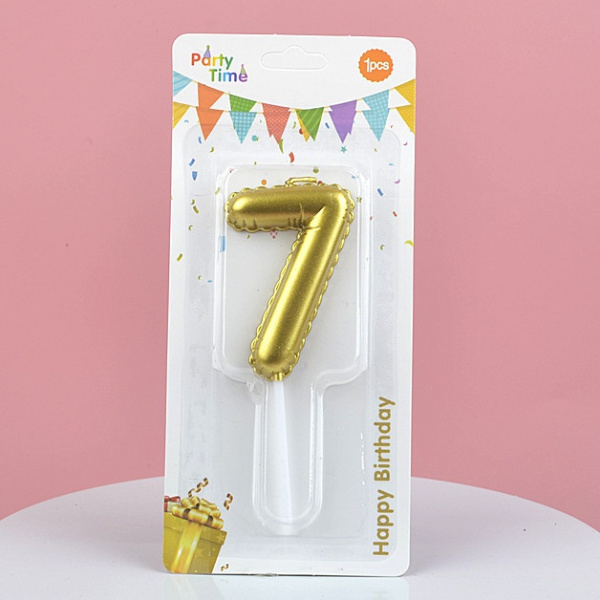 Свеча для торта Цифра-7, воздушный шарик, Золотая 5,8см