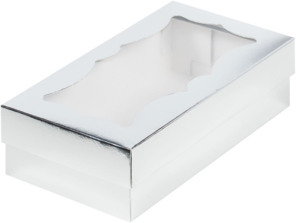 Коробка 210х100х50мм серебро для макарунс с прямоугольным окном