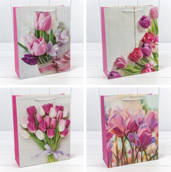 ПАКЕТ ПОДАРОЧНЫЙ С БЛЁСТКАМИ "ТЮЛЬПАНЫ"  (МИКС) 26*32*10см 1шт