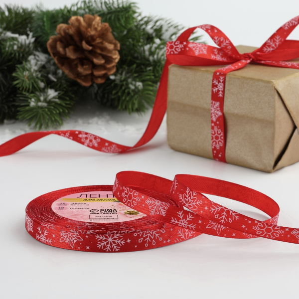 Лента атласная «Снежинки», 10 мм, 23±1 м, красная
