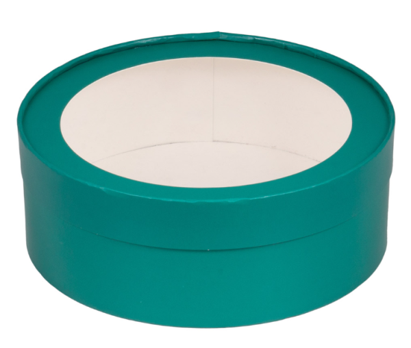 Коробка Д-160мм В-70мм под зефир, печенье и макароны круглая с окном Зеленая