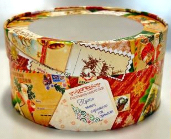 Коробка Д-160мм В-70мм под зефир, печенье и макароны круглая с окном Новогодние открытки