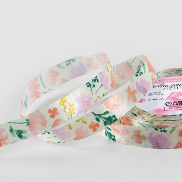 Лента атласная «Нежные пионы», 15 мм × 23 ± 1 м