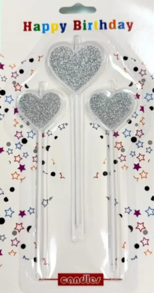 Свеча Серебро для торта сердце 3шт 15см