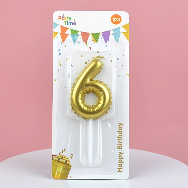 Свеча для торта Цифра-6, воздушный шарик, Золотая 5,8см