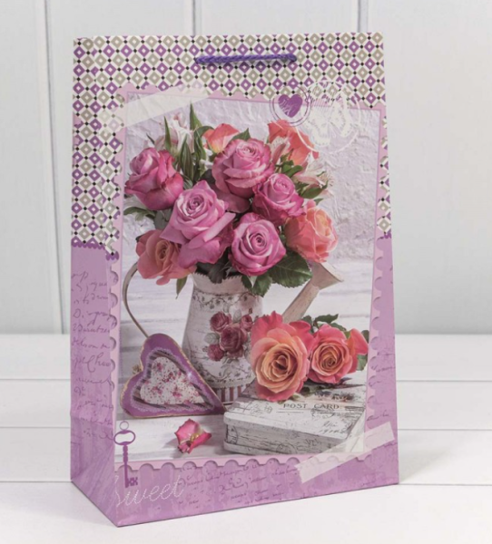 ПАКЕТ ПОДАРОЧНЫЙ МАТОВЫЙ Розы розовые 20*30*10см 1шт