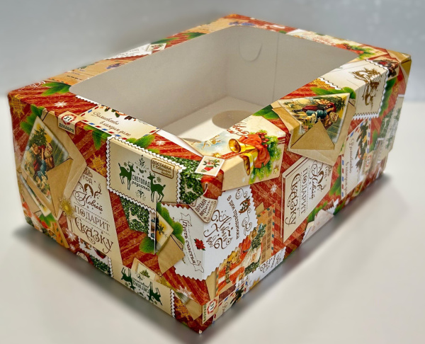 Коробка 235*160*100 мм (6) под капкейки с прямоугольным окошком (новогодние открытки)