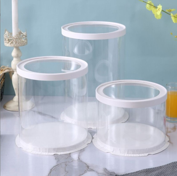 Коробка для торта круглая, d-35см h-35см прозрачная, белая с прозрачной крышкой ТУБУС