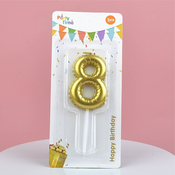 Свеча для торта Цифра-8, воздушный шарик, Золотая 5,8см