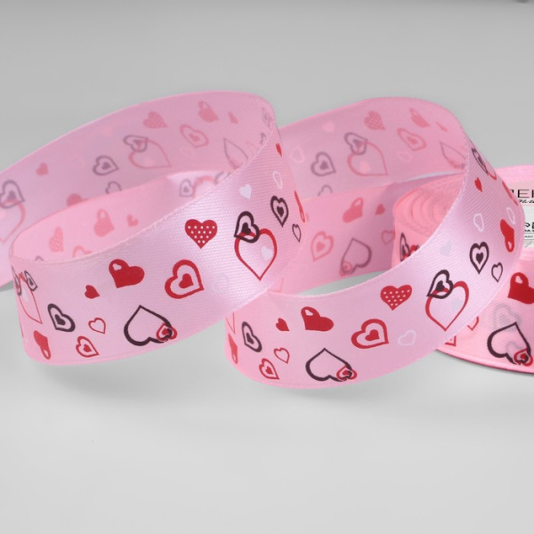 Лента атласная «Сердца», 25 мм × 23 ± 1 м, цвет светло-розовый №004