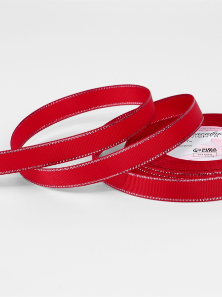 Лента репсовая, с серебряным люрексом, 15 мм, 23±1 м, красная №026