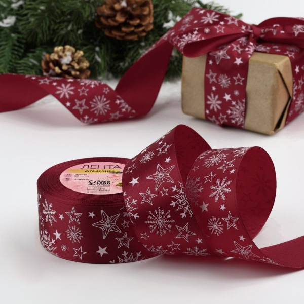 Лента атласная «Снежинки», 40 мм, 23±1 м, бордовая