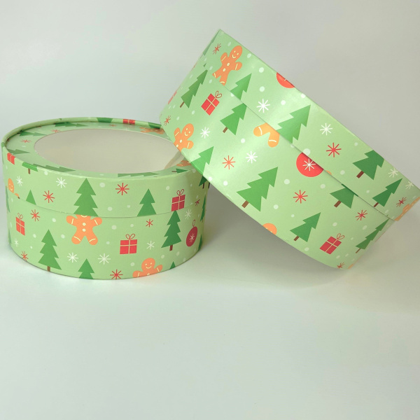 Коробка Д-160мм В-70мм под зефир, печенье и макароны круглая с окном, НГ ПРЯНИКИ