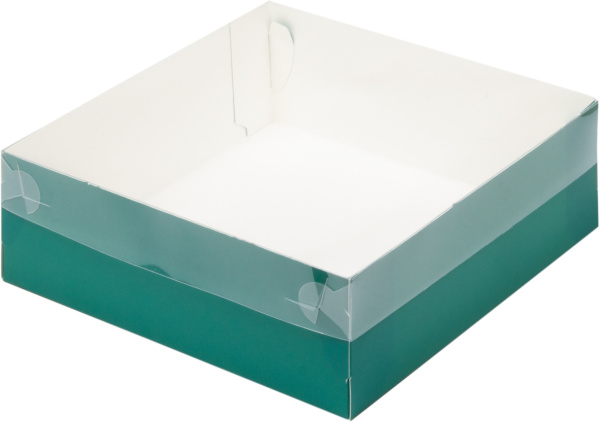 Коробка 200х200х70мм Зеленая матовая для зефиров с пласт. крышкой