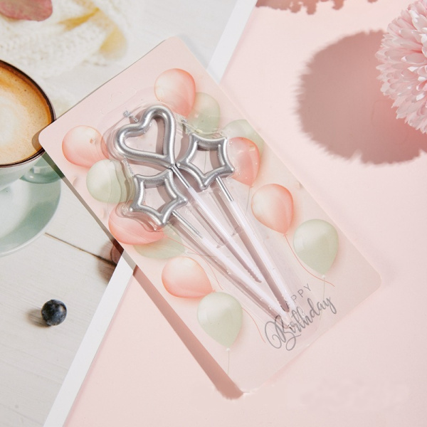 Свечи для торта Сердце и Звезды цвет: Серебряный