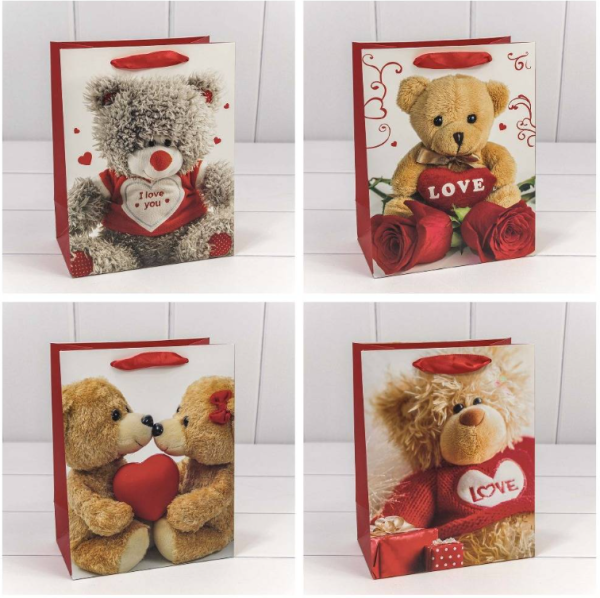 ПАКЕТ ПОДАРОЧНЫЙ "МИШКИ С СЕРДЦАМИ" (МИКС) 18*23*10см 1шт