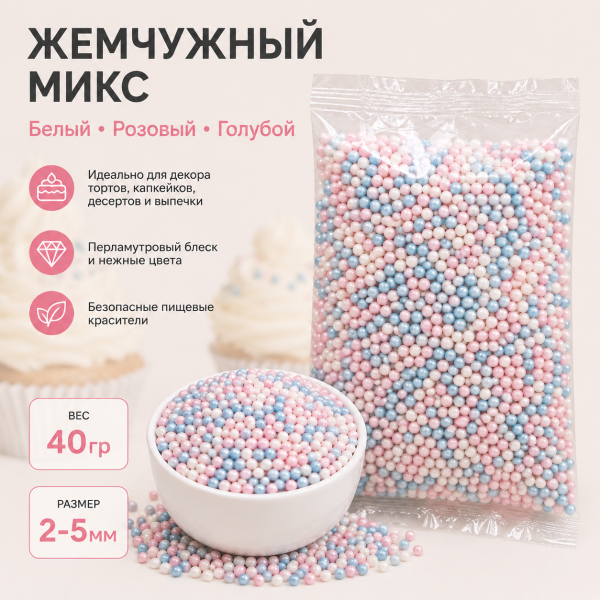 Драже шарики "Жемчужный микс" 2-5мм, 40гр