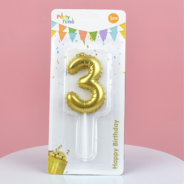 Свеча для торта Цифра-3, воздушный шарик, Золотая 5,8см